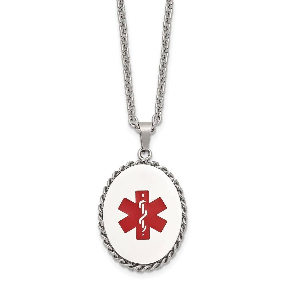Steel Red Enamel Oval Medical ID Pendant on a 20in Cable Chain Necklace